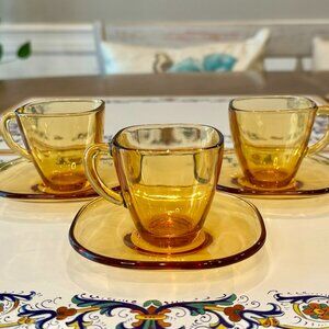 vintage Vereco amber glass coffee cup and saucer - set of 3